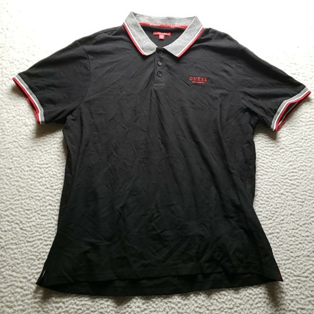 Guess Polo Shirt Mens 2XL Black Solid Short Sleeve 100% Cotton Knit Logo Top